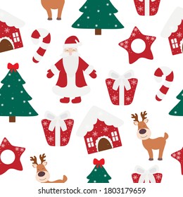 Seamless pattern Christmas elements vector illustration. Christmas tree star Santa Claus deer house gift candy