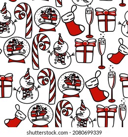 Seamless pattern of Christmas elements. Vector Snowman, snow ball, sock, champagne, gift and present