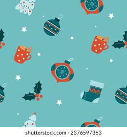 Seamless pattern with Christmas elements. Vector illustration in flat style.