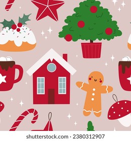 Seamless pattern with Christmas elements, vector pattern in flat cartoon style.