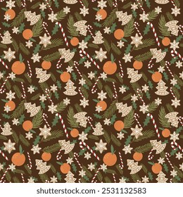 Seamless pattern with christmas elements. Vector illustration in bright colors.