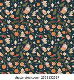 Seamless pattern with christmas elements. Vector illustration in bright colors.