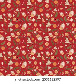 Seamless pattern with christmas elements. Vector illustration in bright colors.