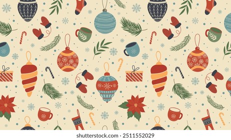 Seamless Pattern with Christmas Elements in Vintage Colors. Christmas decor, Christmas Tree Toys, Mittens, Mugs. Horizontal Vector Banner