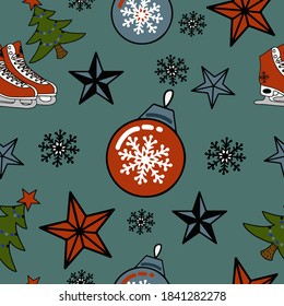 A seamless pattern with Christmas elements for wrapping paper, wallpaper, apparel, stationery, accessories. Vector illustration.