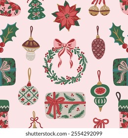 Seamless pattern of Christmas elements. Wreath, poinsettia, ornaments, holly, wrapped gifts and decorative stockings on pink background. Festive vector design