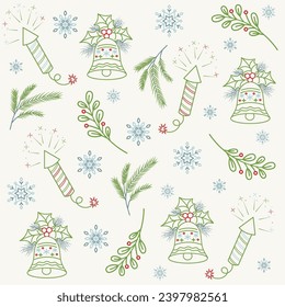 Seamless pattern with christmas elements.Christmas bells, snowflakes, pine branches, fireworks. Vector illustration on warm white background. For holiday decor,wrapping paper,textile.