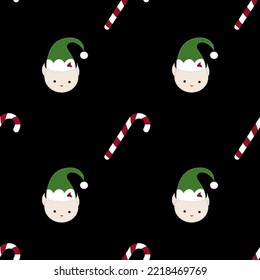 Seamless pattern with christmas elf with candy cane on black background. Cute winter holidays background. Baby design for textile, fabric, decor, covers, wrapping paper, wallpaper, etc.