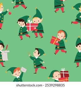 Seamless pattern with Christmas elves holding holiday gifts, ornament, candy cane, envelope. Santa's helper with present box. For wrapping paper, textile, fabric. Holiday cartoon vector illustration