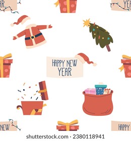Seamless Pattern With Christmas Enchanting Items, Festive Decor, Santa Claus Costume, Decorated Pine Tree, And Garland