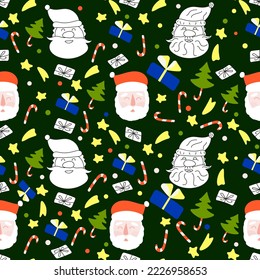 seamless pattern of Christmas with face of Santa Claus on a dark green background
