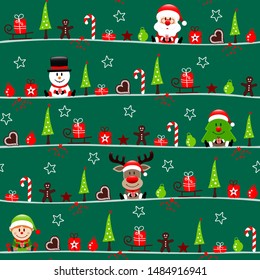 Seamless Pattern Christmas Figures With Elf Dark Green