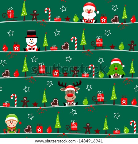 Seamless Pattern Christmas Figures With Elf Dark Green