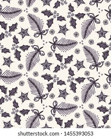 Seamless pattern. Christmas fir hand drawn foliage twig. Tossed holly branch, leaves, star background. Winter holiday all over print. Festive traditional gift wrap paper illustration. Vector swatch