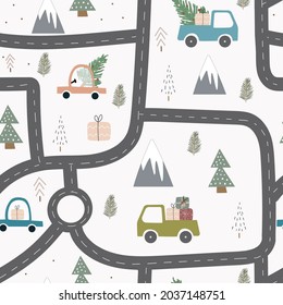 Patrón sin foco con abetos de Navidad, auto, montaña, caja de regalo, nieve. Bosque de invierno. Feliz Año Nuevo y navidades navideñas vectoriales banner de fondo para papel, diseño, tela, decoración, envoltura de regalo.