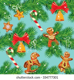 Seamless pattern with Christmas fir tree branches, candies, bell and xmas gingerbread, winter holiday background.