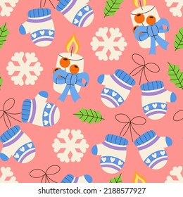 Seamless pattern of christmas fire candle, mittens with bow, snowflake, leaves. Holiday festive decoration. Hygge, cozy xmas household. Merry Christmas, Happy New Year 2023. Greeting card, banner, web