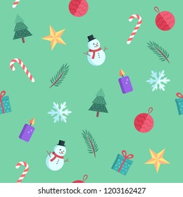 Seamless Pattern with Christmas Flat Icons. Cute vector cartoon Illustration. Collection of Christmas elements.