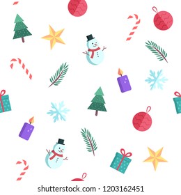 Seamless Pattern with Christmas Flat Icons. Cute vector cartoon Illustration. Collection of Christmas elements.