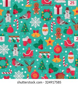 Seamless Pattern With Christmas Flat Icons. Vector Illustration.