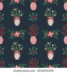 Seamless pattern of Christmas floral arrangements with vases, poinsettia, holly berries, pine branches and festive ornaments. Hand-drawn vector decorative design