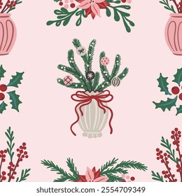 Seamless pattern of Christmas floral arrangements with vases, poinsettia, holly berries, pine branches and festive ornaments. Hand-drawn vector decorative design