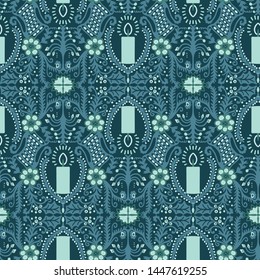 Seamless pattern christmas flower candle. Hand drawn stylized holly leaf green background. Winter holiday all over print. Festive candlelight gift wrapping. Quilt style illustration. Vector swatch.