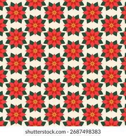 Patrón sin fisuras con una flor de Navidades en un estilo geométrico. Un fondo festivo y repetitivo para el diseño de tela, papel o impresión. Vector.
