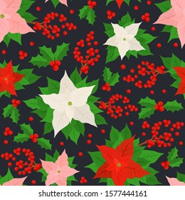 Seamless pattern with Christmas flower poinsettia and holly berries on black background. Illustration can be used for backdrops, wrapper, wallpaper, holiday cards, children's clothing or things design