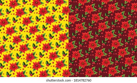 Seamless pattern with christmas flowers and berries on the red and yellow background. Vector illustration.