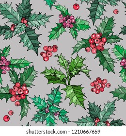 Seamless pattern with christmas flowers and red berries