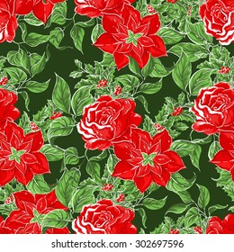 seamless pattern with Christmas flowers and roses and berries are covered snow