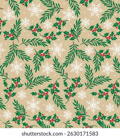 Seamless Pattern of Christmas Foliage with Snowflakes on Natural Background- Christmas Vector Illustration