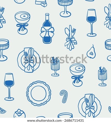 Seamless pattern of Christmas food. Line art, ink, minimalist style. Vector illustration. Winter holidays collection.