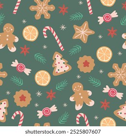 Seamless pattern Christmas foods, cookies, biscuits and candy cane