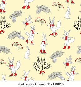  Seamless pattern with Christmas forest. Hand drawn elements with animals  and Christmas decorations. Vector  Illustration