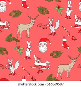  Seamless pattern with Christmas forest. Hand drawn elements with animals  and Christmas decorations. Vector  Illustration
