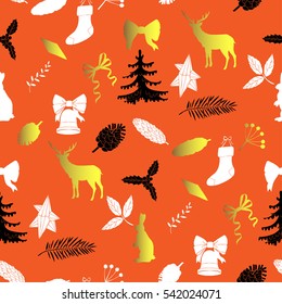  Seamless pattern with Christmas forest. Hand drawn elements with animals and Christmas decorations. Vector  Illustration