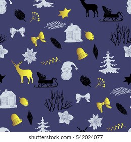  Seamless pattern with Christmas forest. Hand drawn elements with animals and Christmas decorations. Vector  Illustration