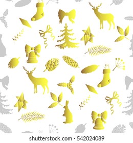  Seamless pattern with Christmas forest. Hand drawn elements with animals and Christmas decorations. Vector  Illustration