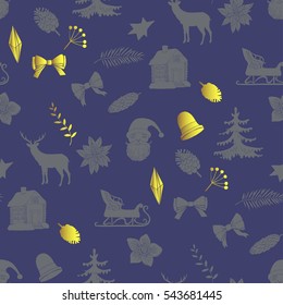  Seamless pattern with Christmas forest. Hand drawn elements with animals and Christmas decorations. Vector  Illustration