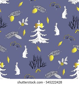  Seamless pattern with Christmas forest. Hand drawn elements with animals  and Christmas decorations. Vector  Illustration