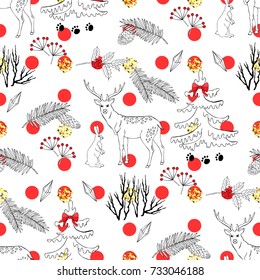 Seamless Pattern with Christmas forest. Hand drawn elements with deer and Christmas tree. Vector  Illustration