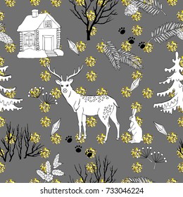 Seamless Pattern with Christmas forest. Hand drawn elements with deer and Christmas tree. Vector  Illustration