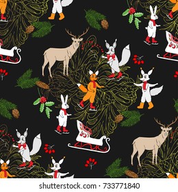  Seamless pattern with Christmas forest. Hand drawn elements with animals  and Christmas decorations. Vector  Illustration