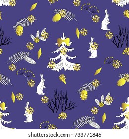  Seamless pattern with Christmas forest. Hand drawn elements with animals  and Christmas decorations. Vector  Illustration