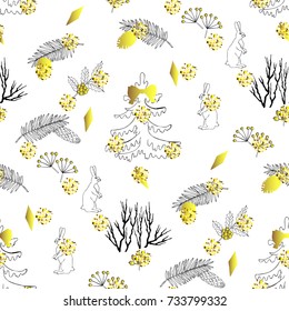  Seamless pattern with Christmas forest. Hand drawn elements with animals  and Christmas decorations. Vector  Illustration
