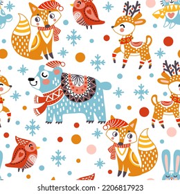 Seamless pattern christmas fox, bear and deer on white background vector illustration. For print, design of Christmas products, greeting cards, wrapping paper, fabric, porcelain, bed linen, decor