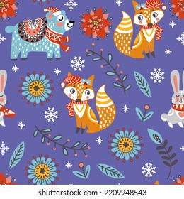 Seamless pattern christmas fox, bear and rabbit on purple background vector illustration. For print, design of Christmas products, greeting cards, wrapping paper, fabric, porcelain, bed linen, decor