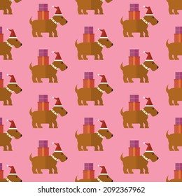 seamless pattern Christmas fox terrier dog with presents and hat animal on pink background vector wallpaper textile giftwrap
